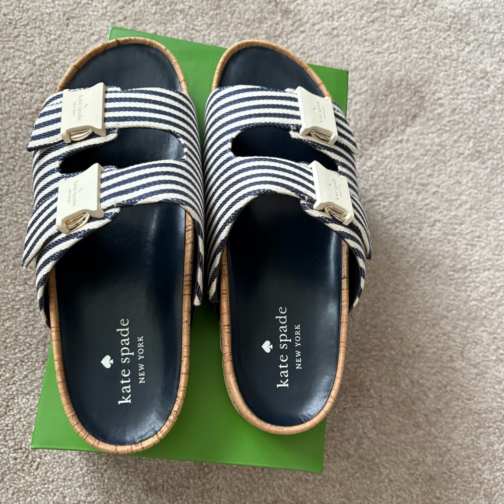 Kate Spade Blue and White Striped Sandals (Becca Canvas Stripes)